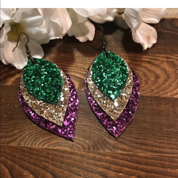 Faux Leather Earrings Mardi Gras Glitter 2.5” - Picture 5 of 6